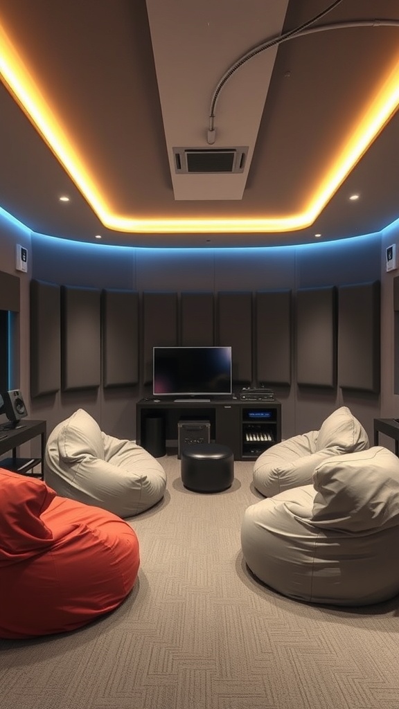 A cozy gaming room with bean bags and soundproofing features.