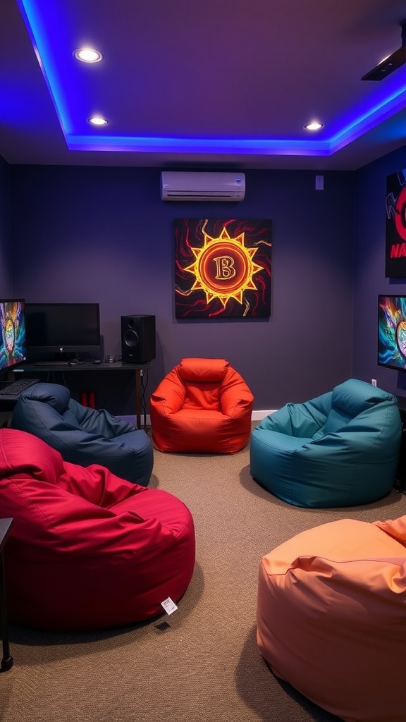 A cozy gaming room with colorful bean bags and a 'GAME' sign on the wall.