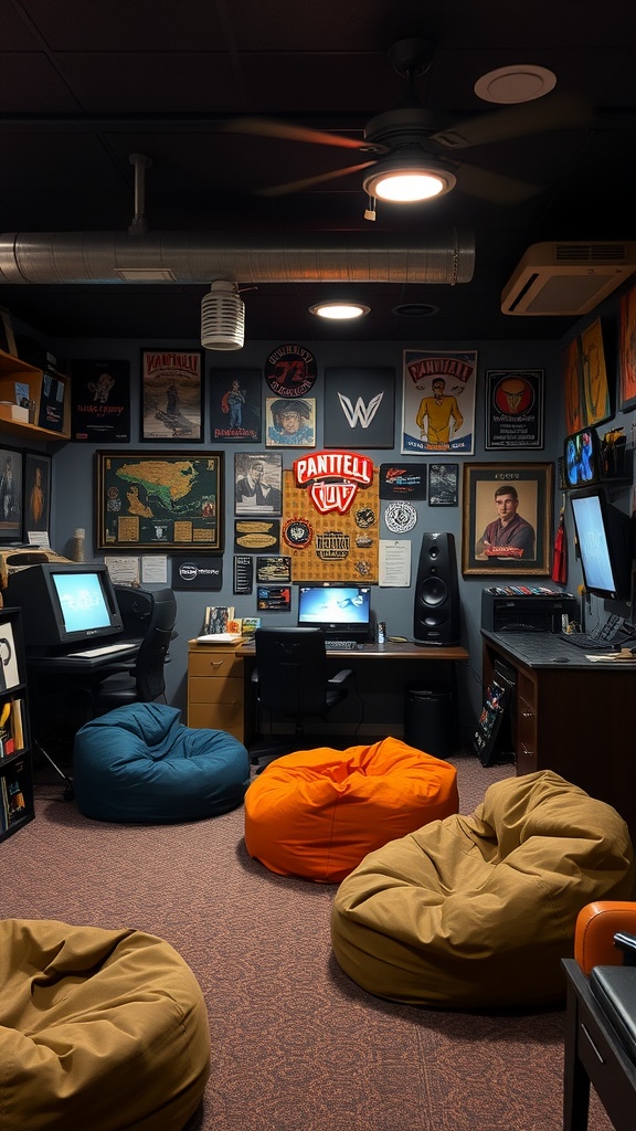 Cozy gaming room with bean bags and gaming memorabilia on the walls.