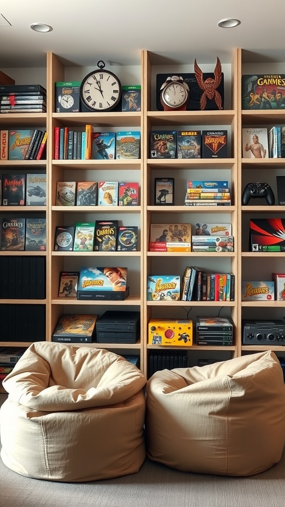 A cozy gaming room with bean bags and organized shelving displaying games and books.