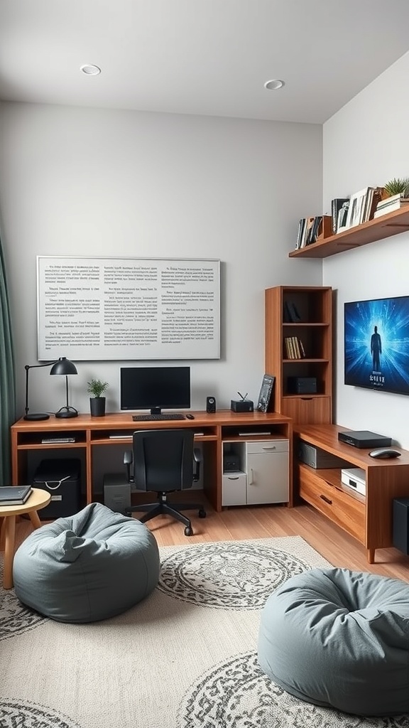 A cozy gaming room featuring bean bags, a desk, and a computer setup.