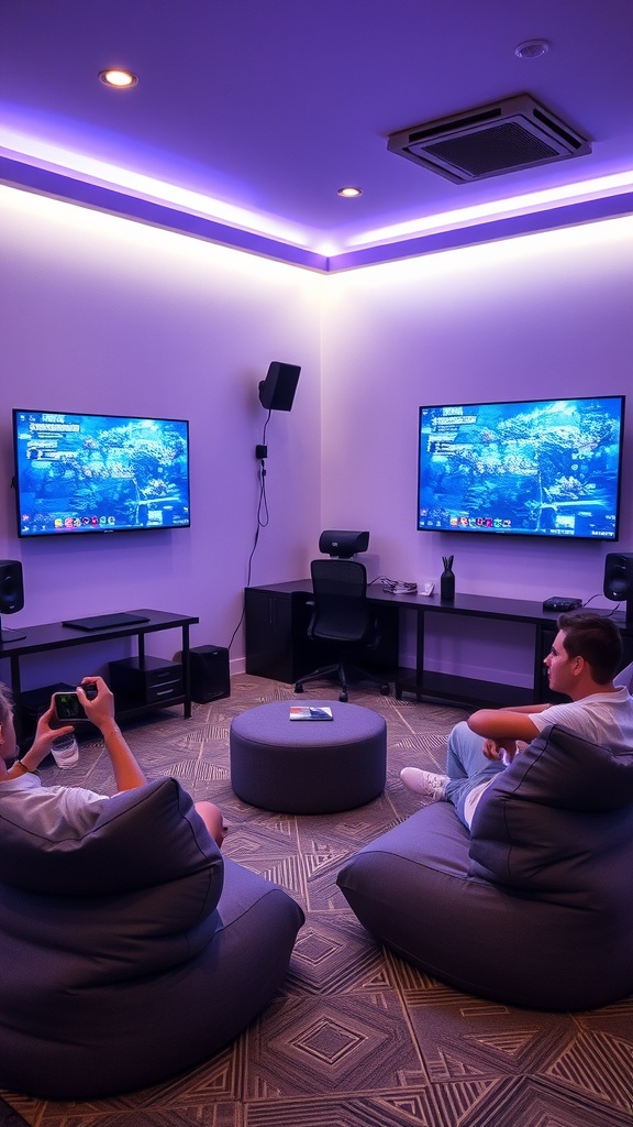 Cozy gaming room with bean bags and screens