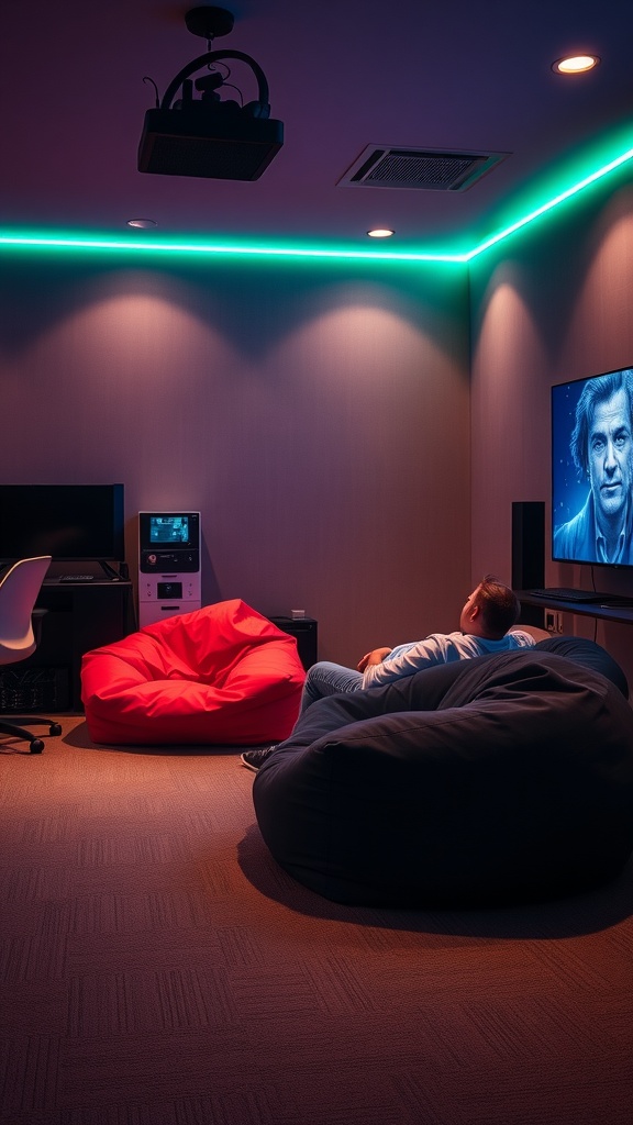 A cozy gaming room featuring bean bags and a screen.