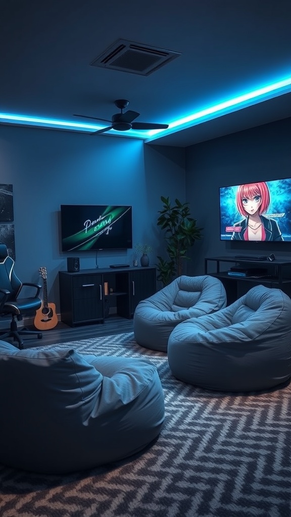 Cozy gaming room with bean bags and smart technology.