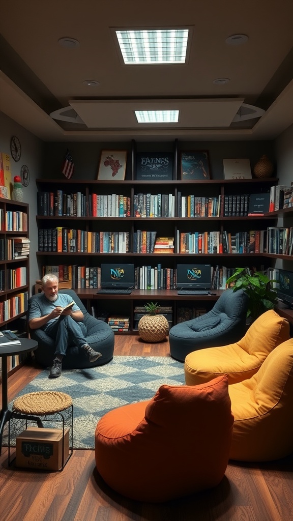 Cozy gaming room with bean bags and a library of books and games.