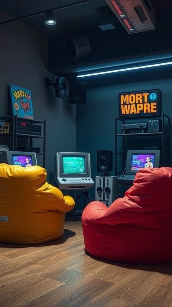 A cozy gaming room featuring vintage gaming consoles and colorful bean bags.