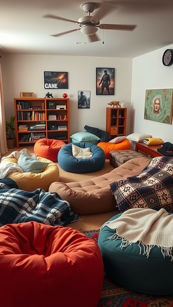 Cozy gaming room with colorful bean bags and blankets.