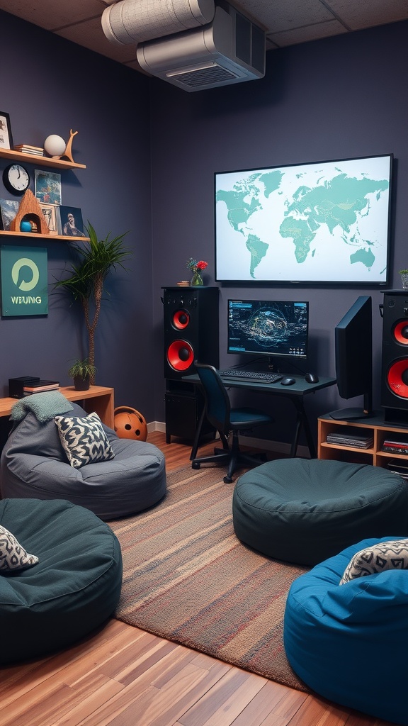 Cozy gaming room with bean bags and a computer setup.