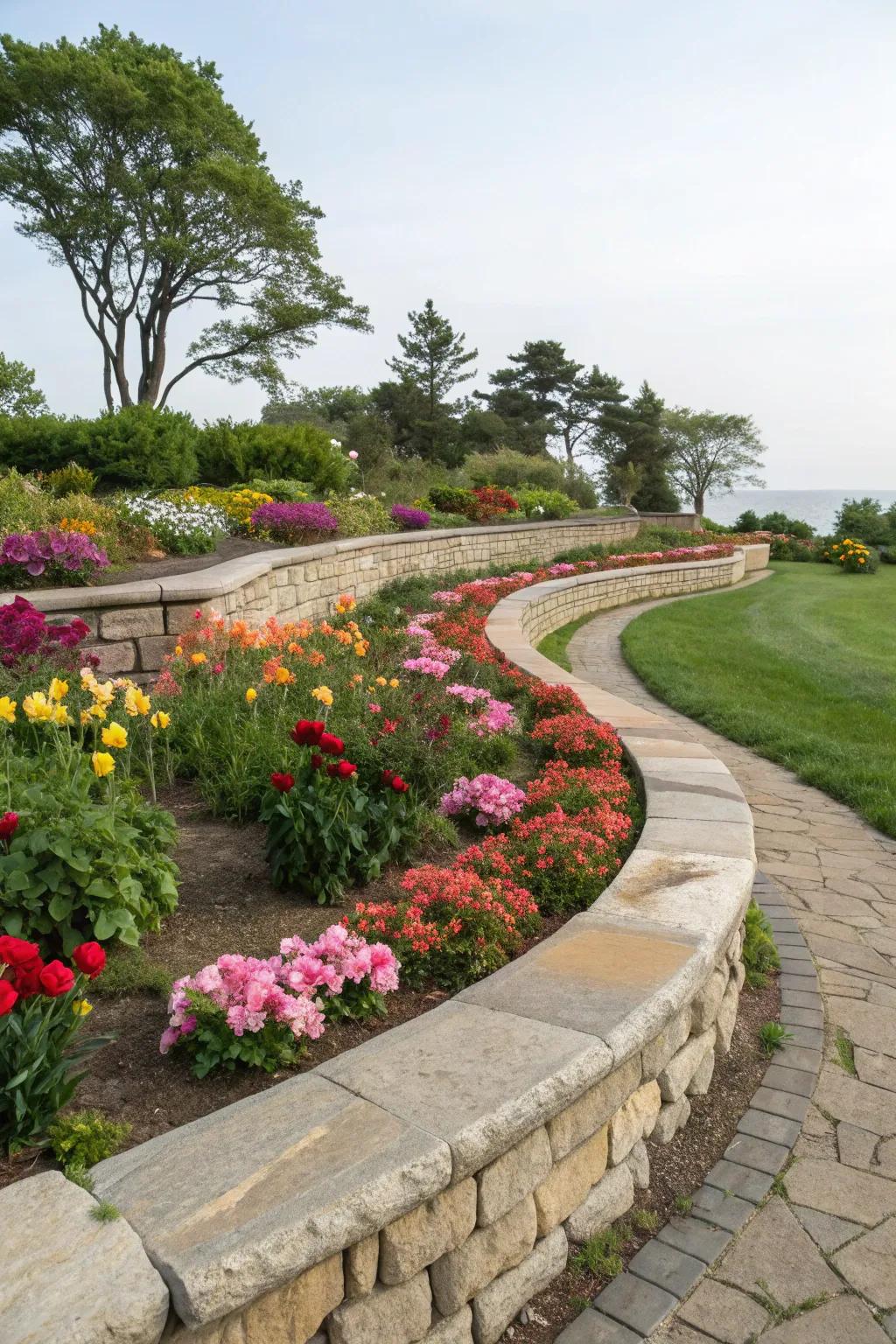 Natural stone curved garden borders.