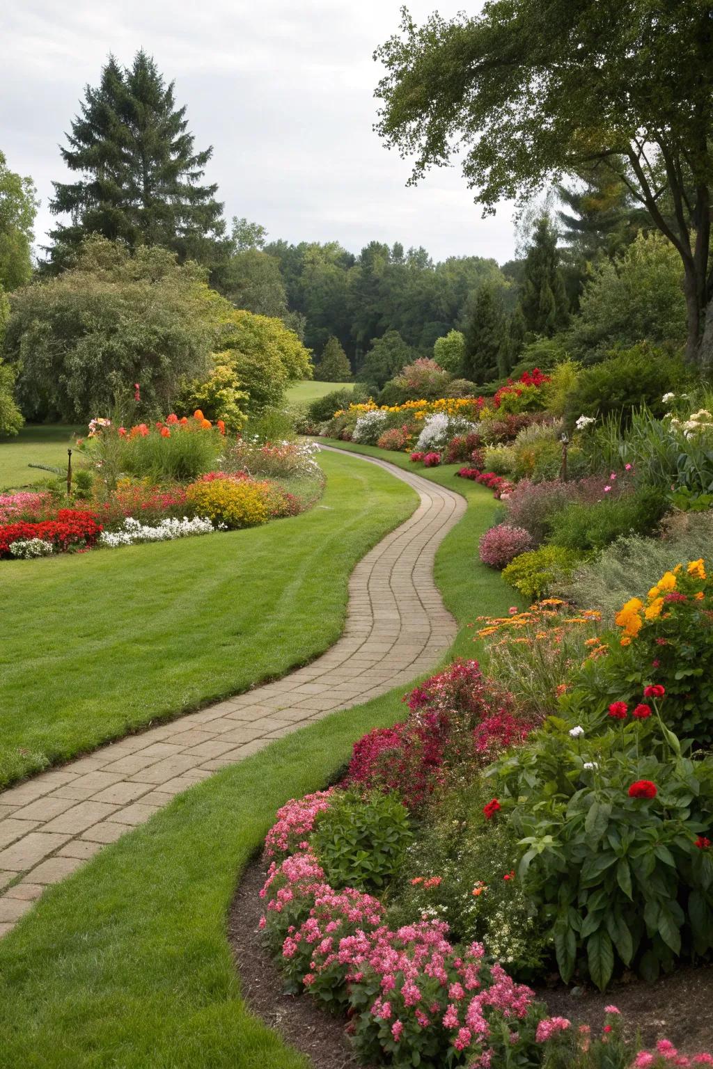 Flower beds integrated naturally with surrounding landscape.