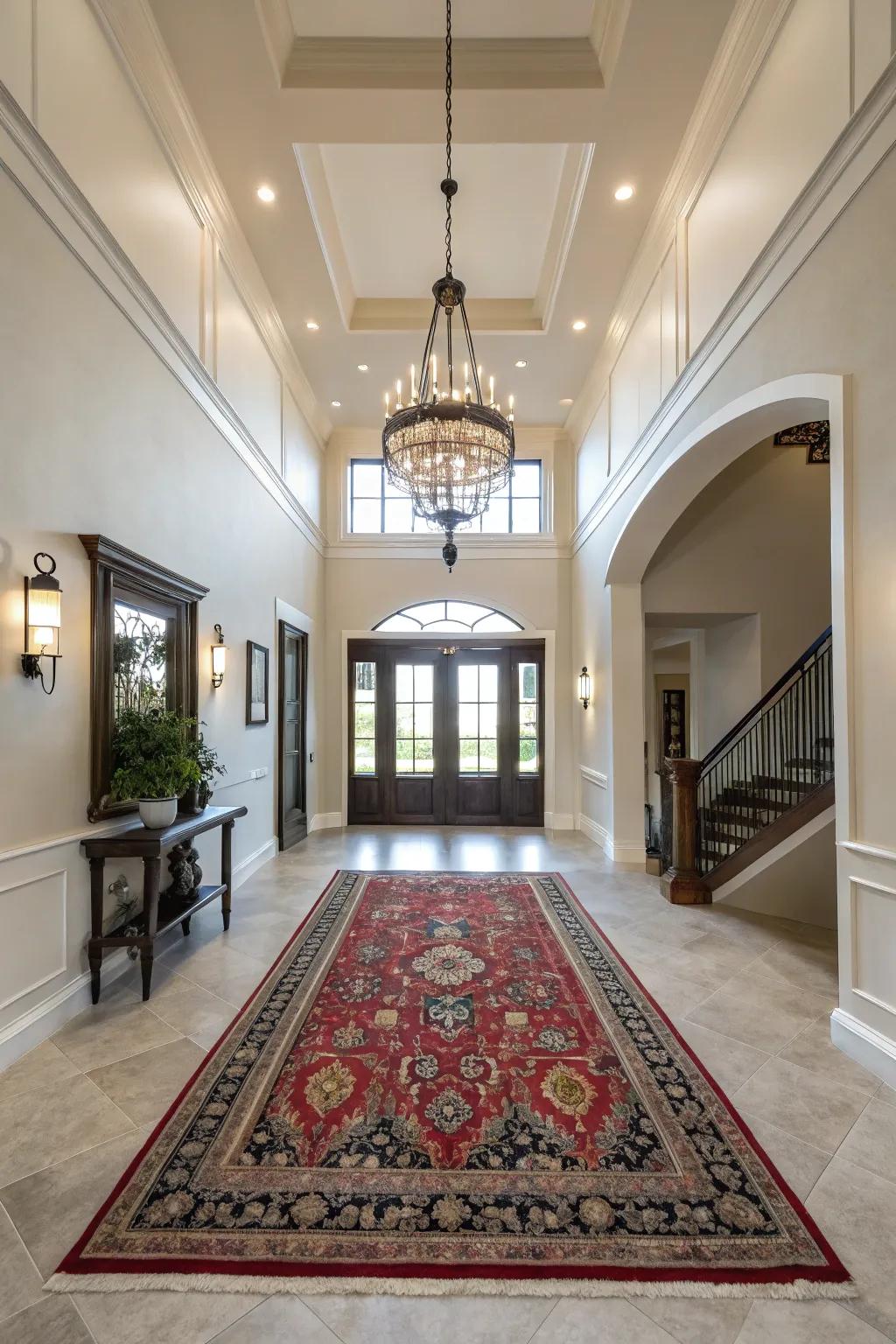 Bold rug adds warmth and texture to the entryway.