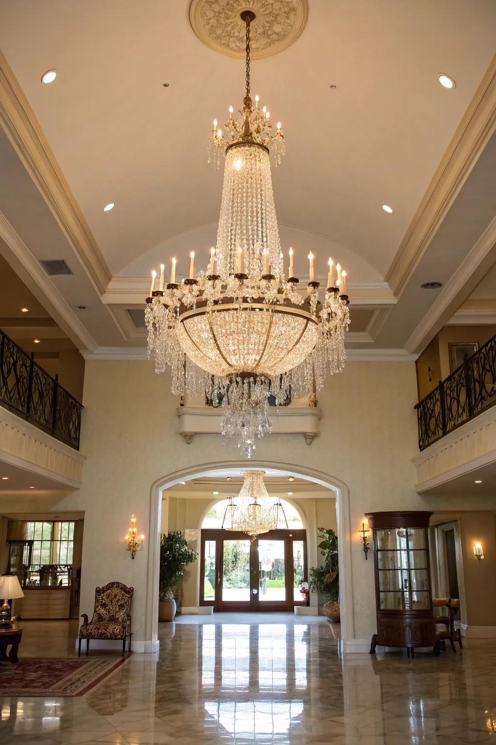 A cascading chandelier adds elegance and drama.
