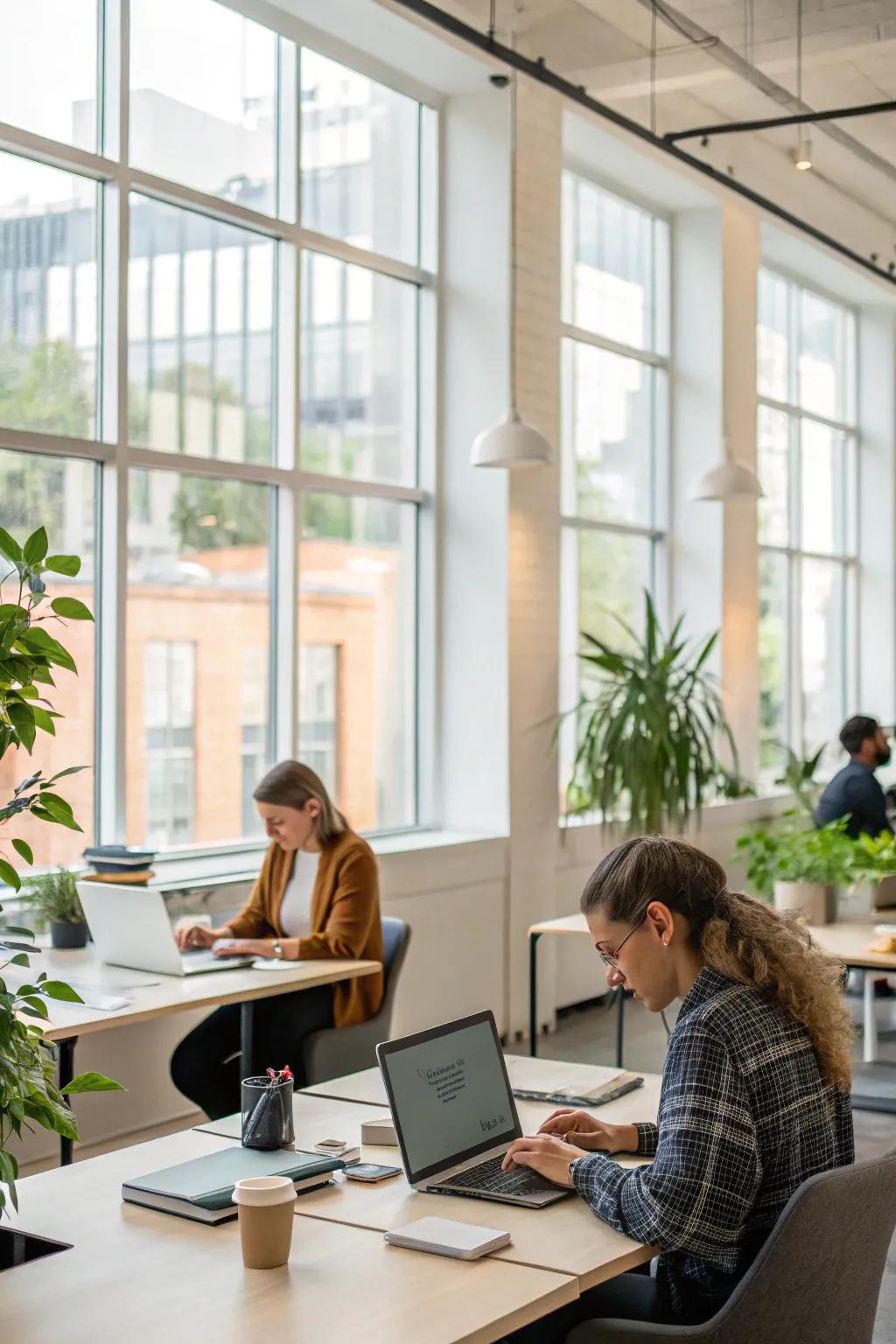 Office bathed in natural sunlight through large windows.