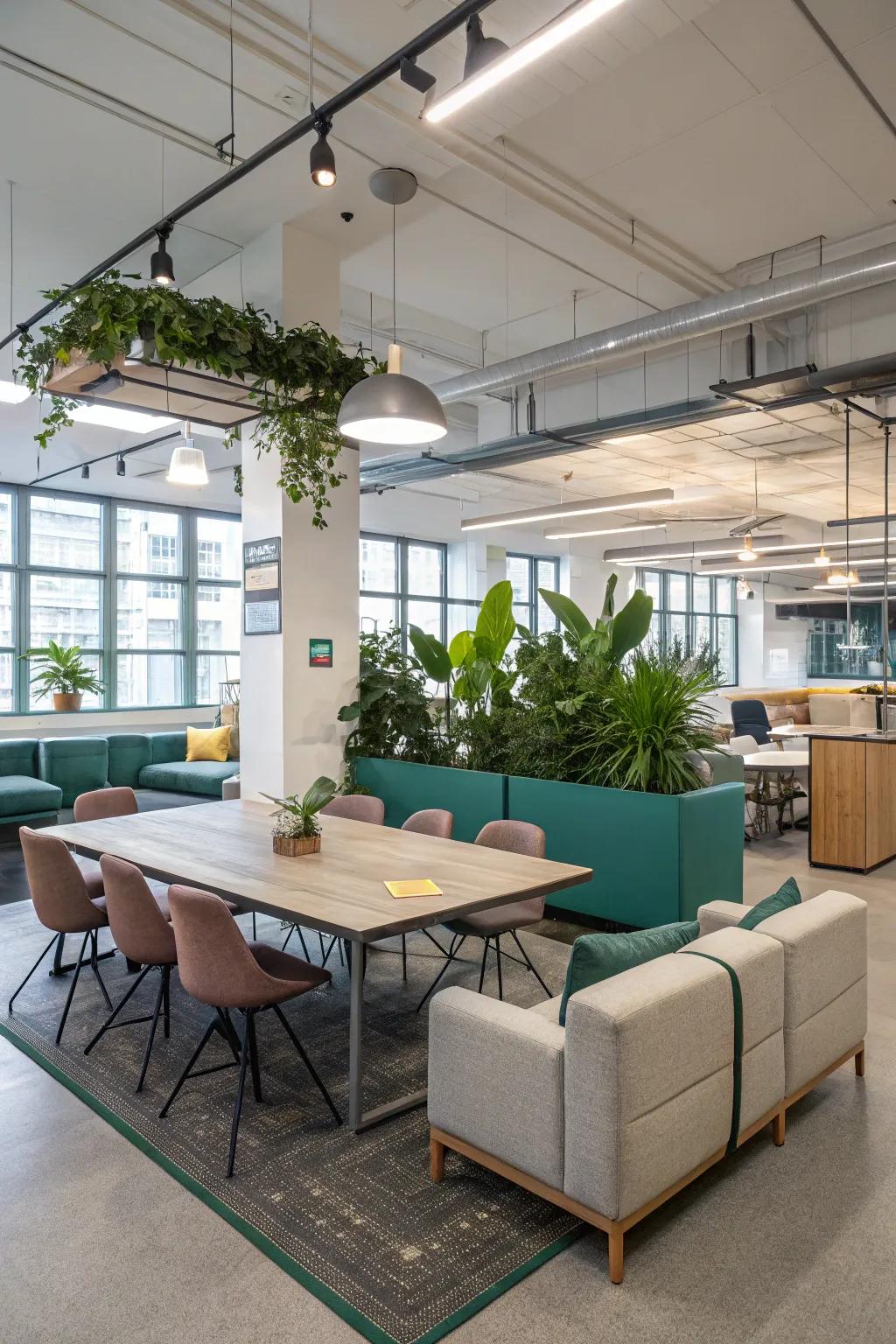 Collaborative office area with modular seating and large tables.