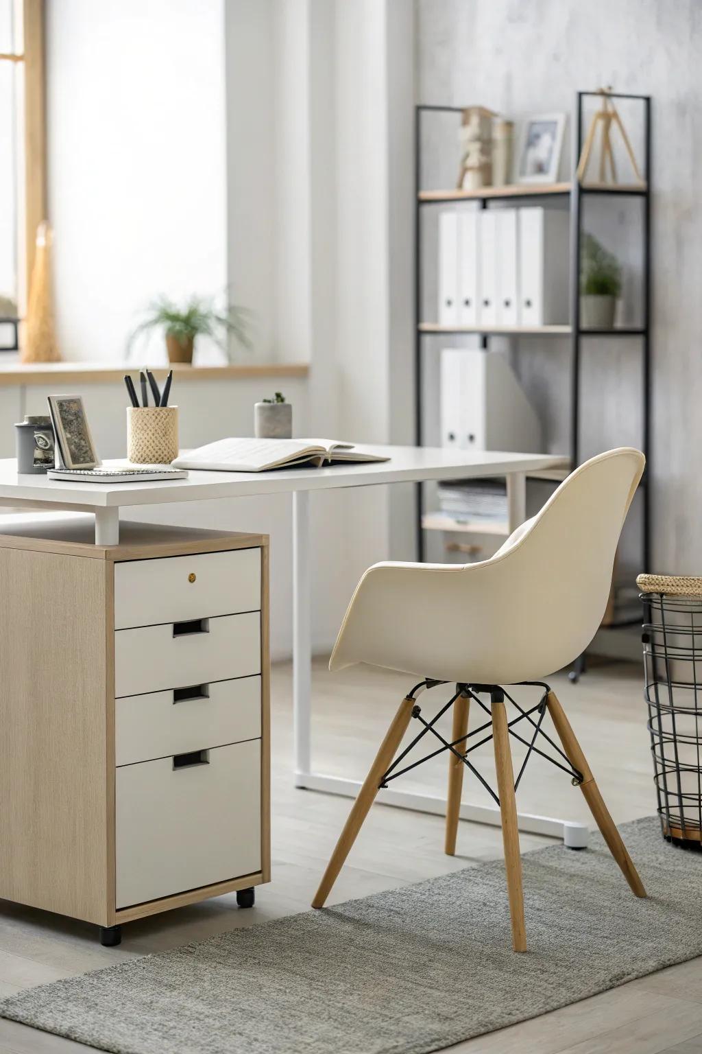 Minimalist office furniture with neutral tones and sleek design.