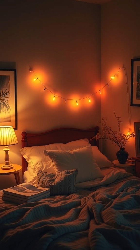 A cozy bedroom with soft ambient lighting, featuring a bed with pillows, a lamp, and decorative elements.