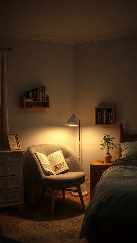 Cozy reading nook with a chair, lamp, and open book in a warm bedroom setting.