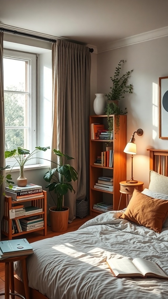 A cozy bedroom with a bed, bookshelves, and plants, creating a relaxing atmosphere.