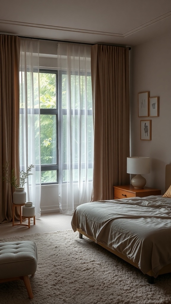 Cozy bedroom with soundproof curtains and soft lighting