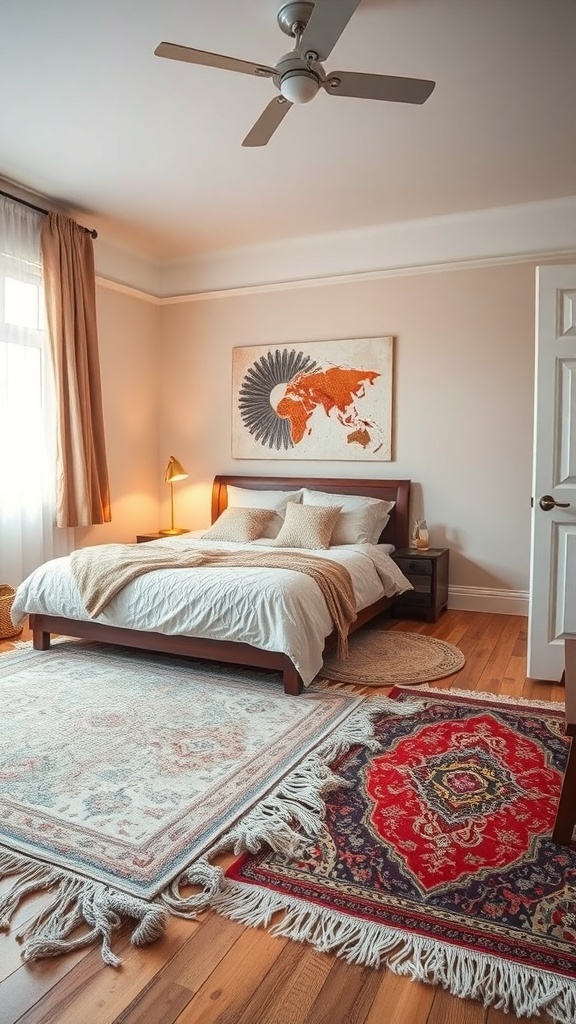 A cozy bedroom with layered rugs, featuring a bed, warm lighting, and decorative elements.
