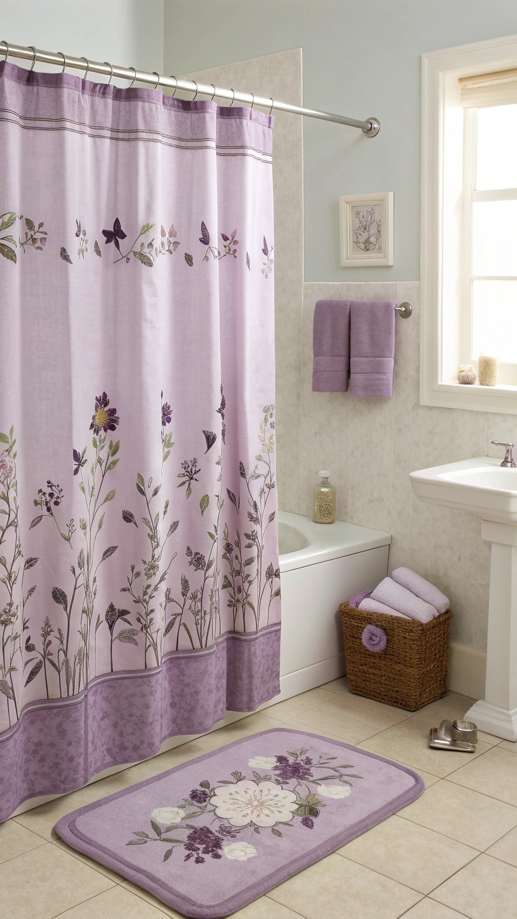A bathroom featuring a lavender shower curtain with floral designs.