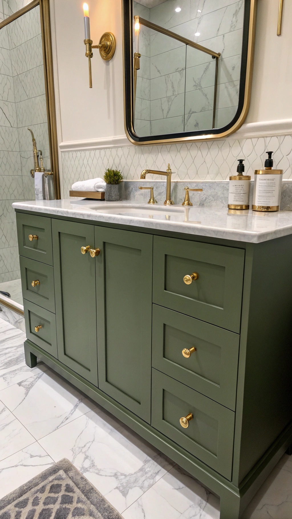 Olive green bathroom vanity with gold fixtures and marble countertop