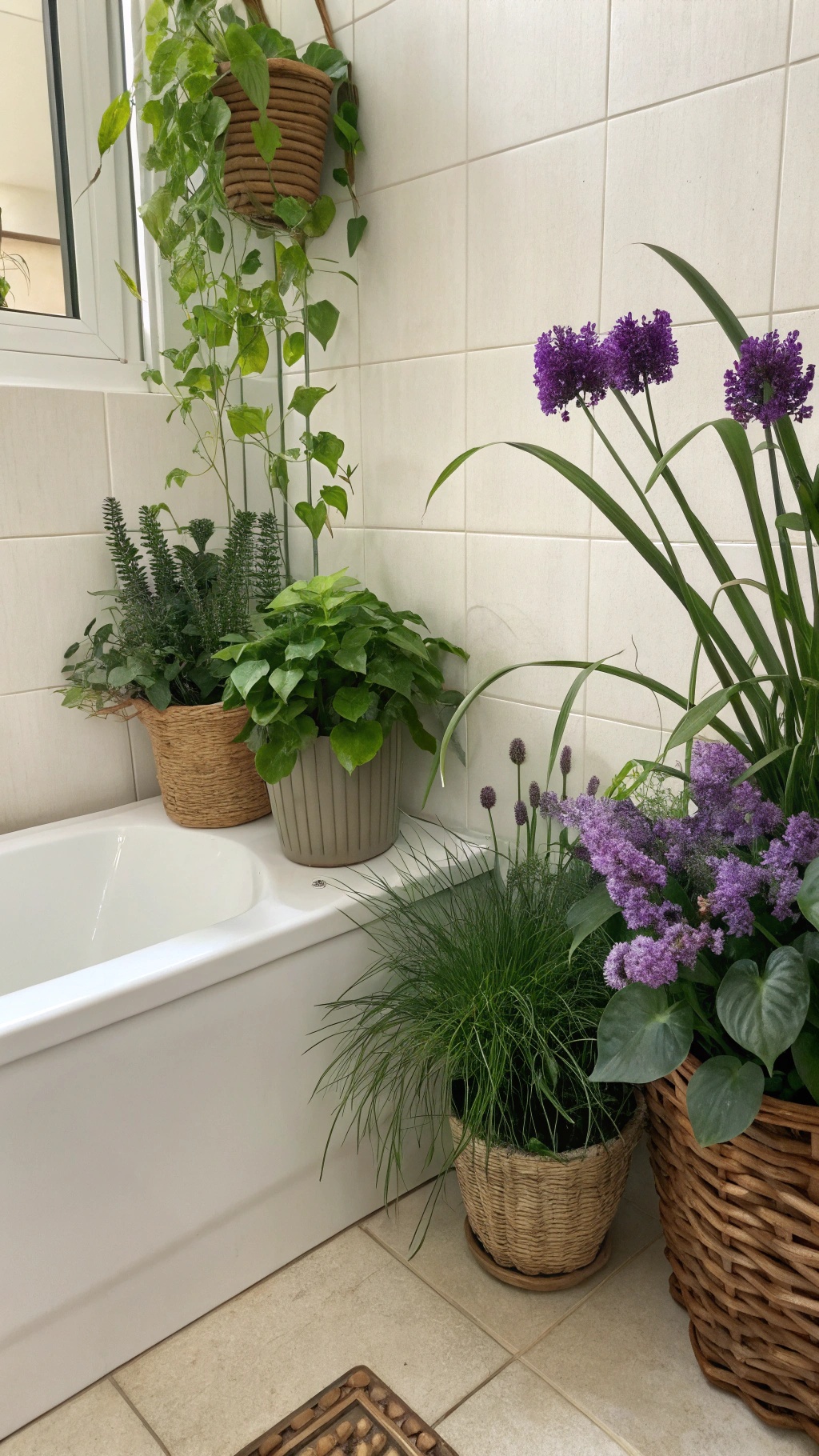 A bathroom with various green plants and purple flowers in decorative pots.