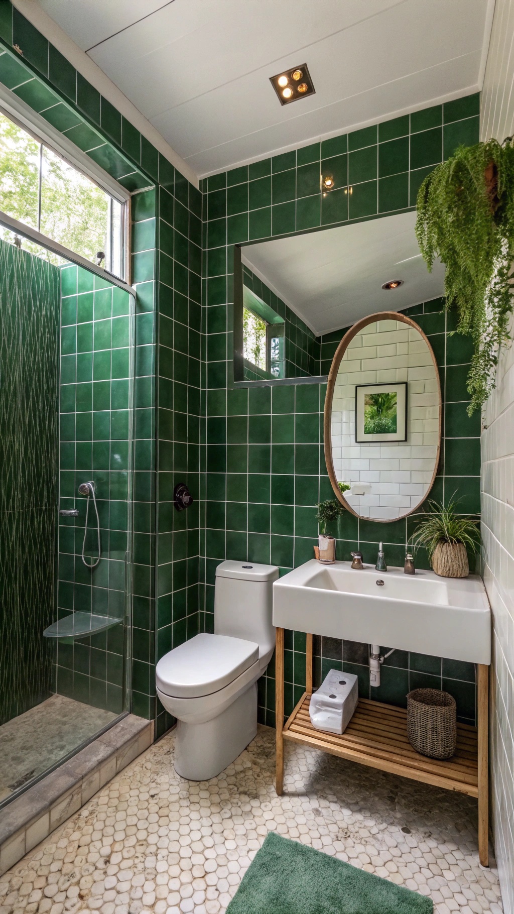 Bathroom featuring forest green shower tiles, a white sink, and natural decor.
