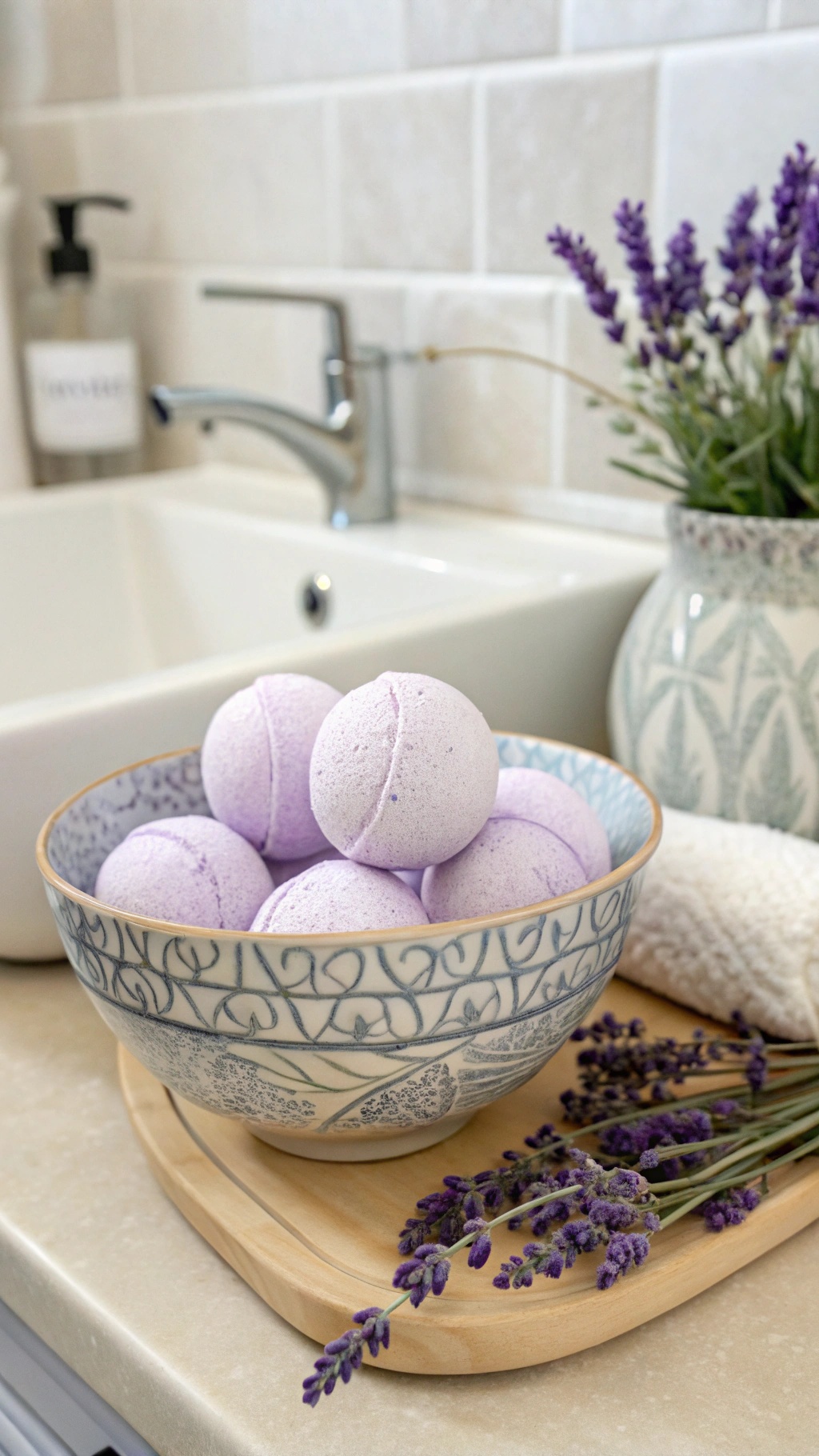 A bowl of lavender bath bombs with lavender flowers and a cozy bathroom setting.