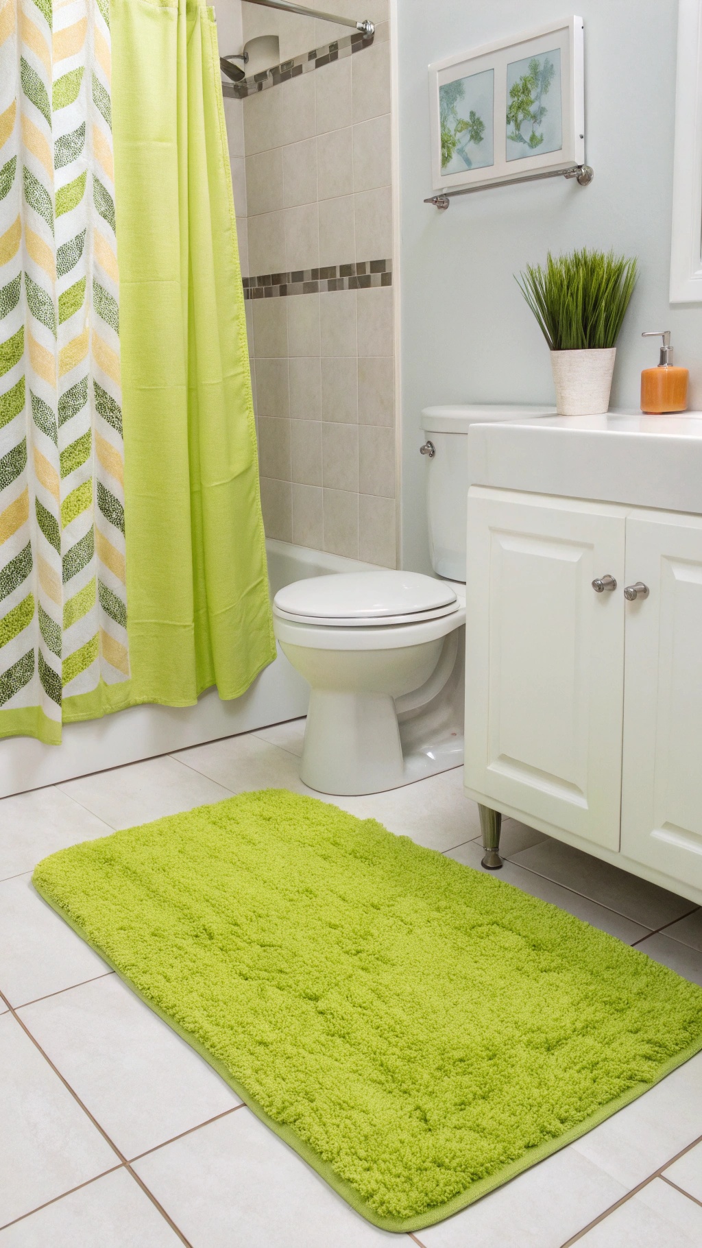 Lime green shower rug in a bathroom setting