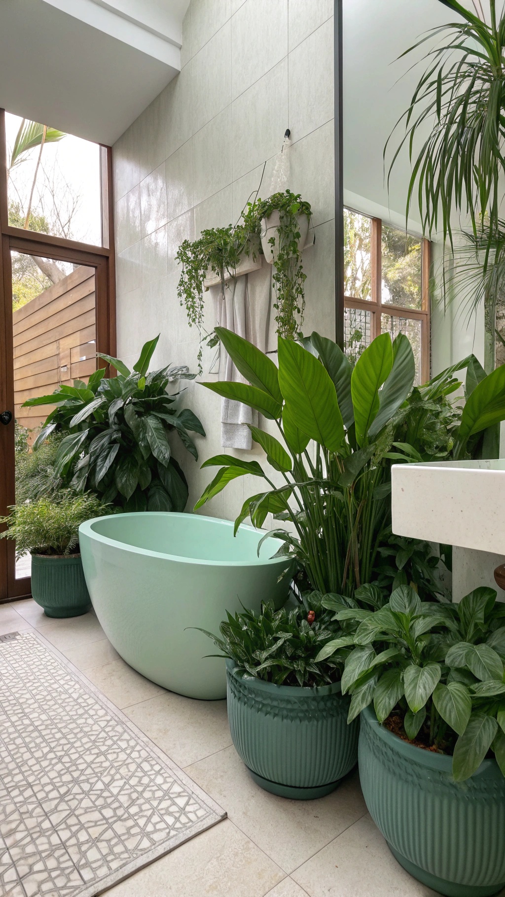 A bathroom featuring jade green planters with various plants, a mint green bathtub, and natural light.