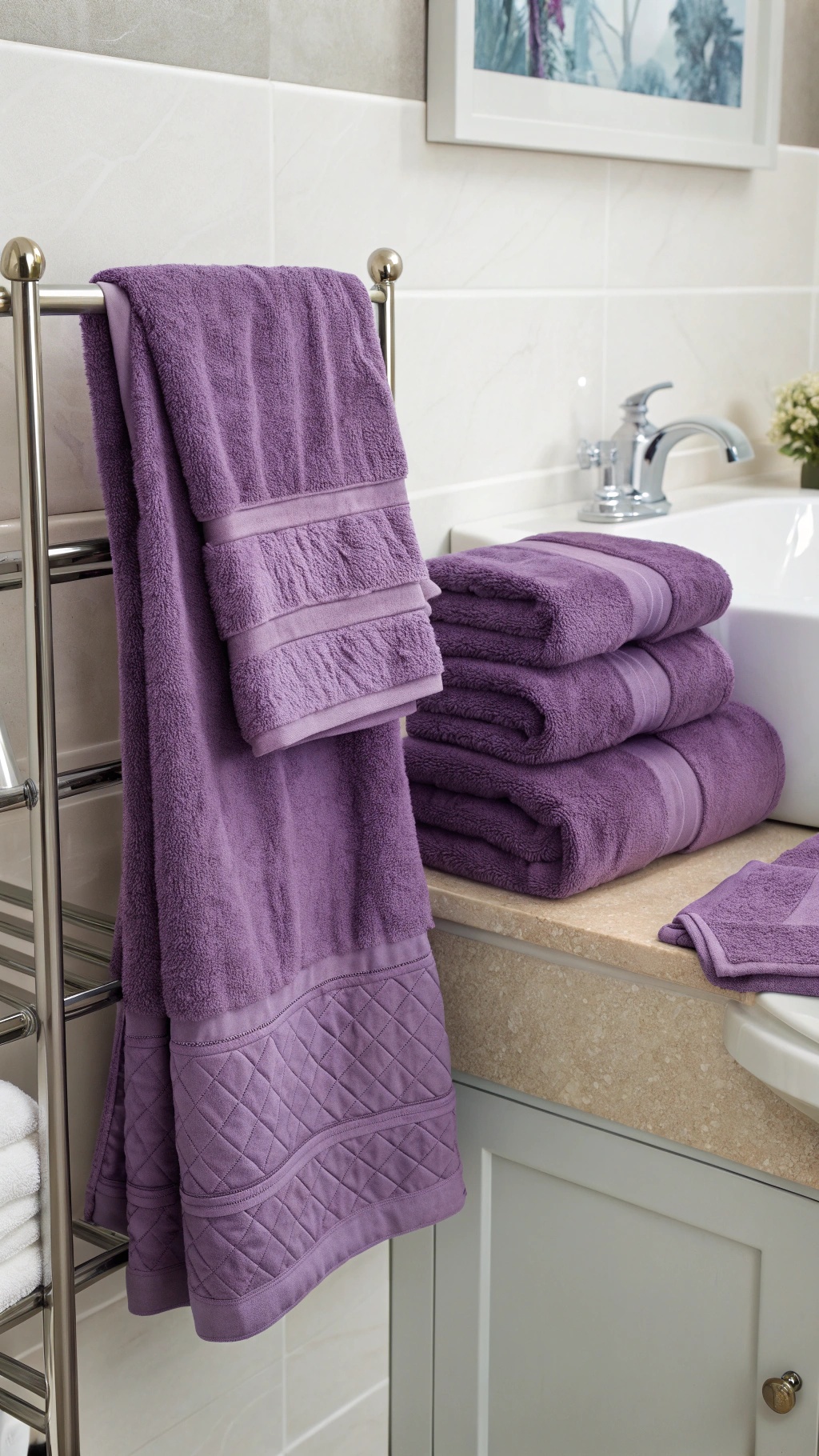 Amethyst towel set displayed in a bathroom