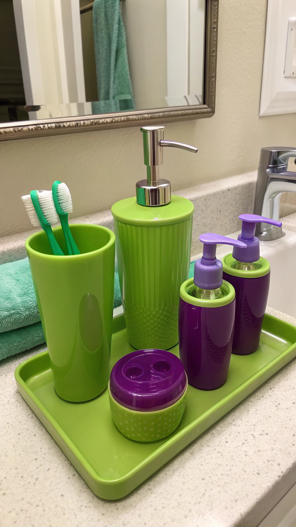 A collection of green and purple bathroom accessories including toothbrush holders, soap dispensers, and a tray.