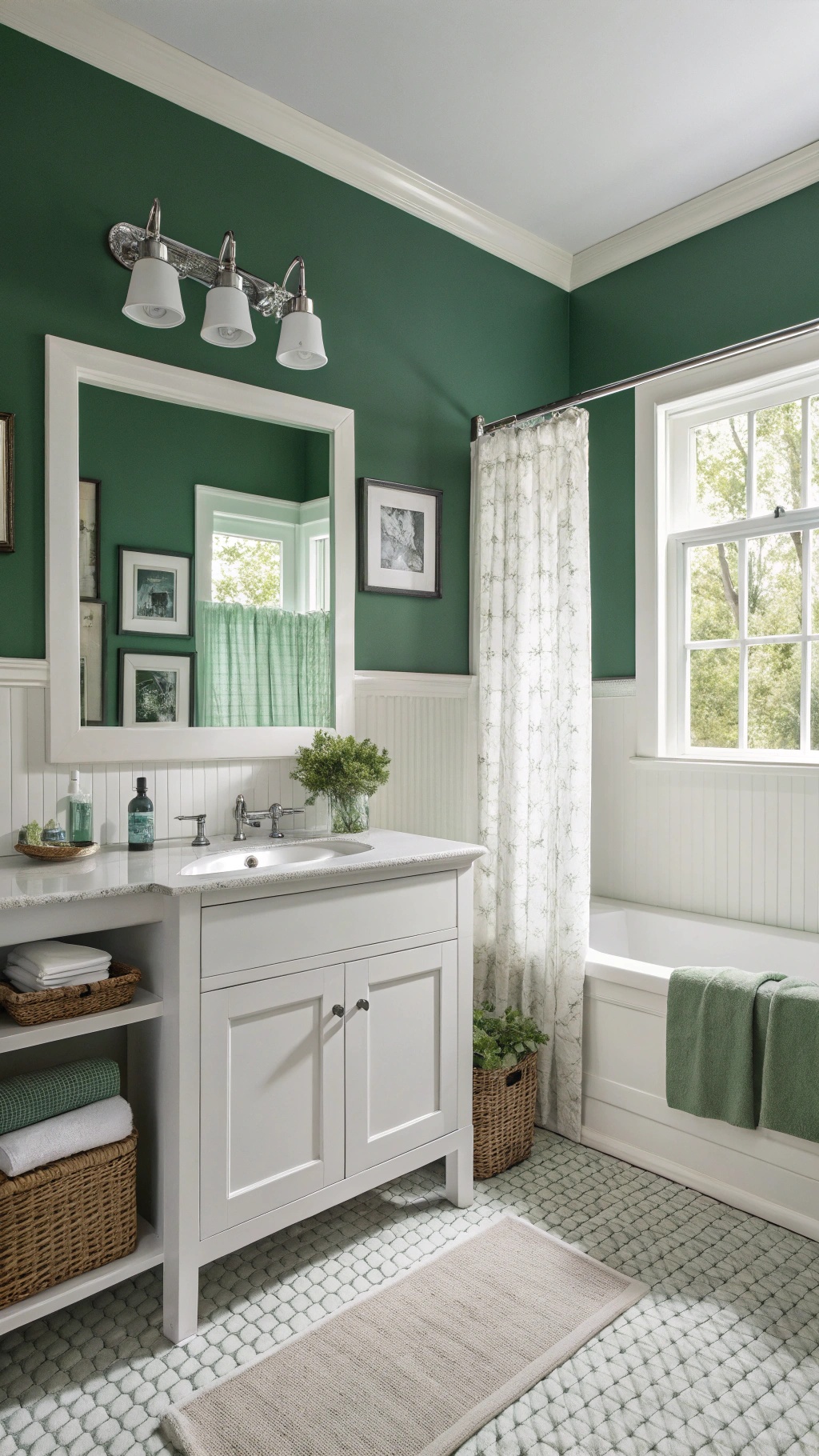 A bathroom with forest green walls, white fixtures, and natural decor.