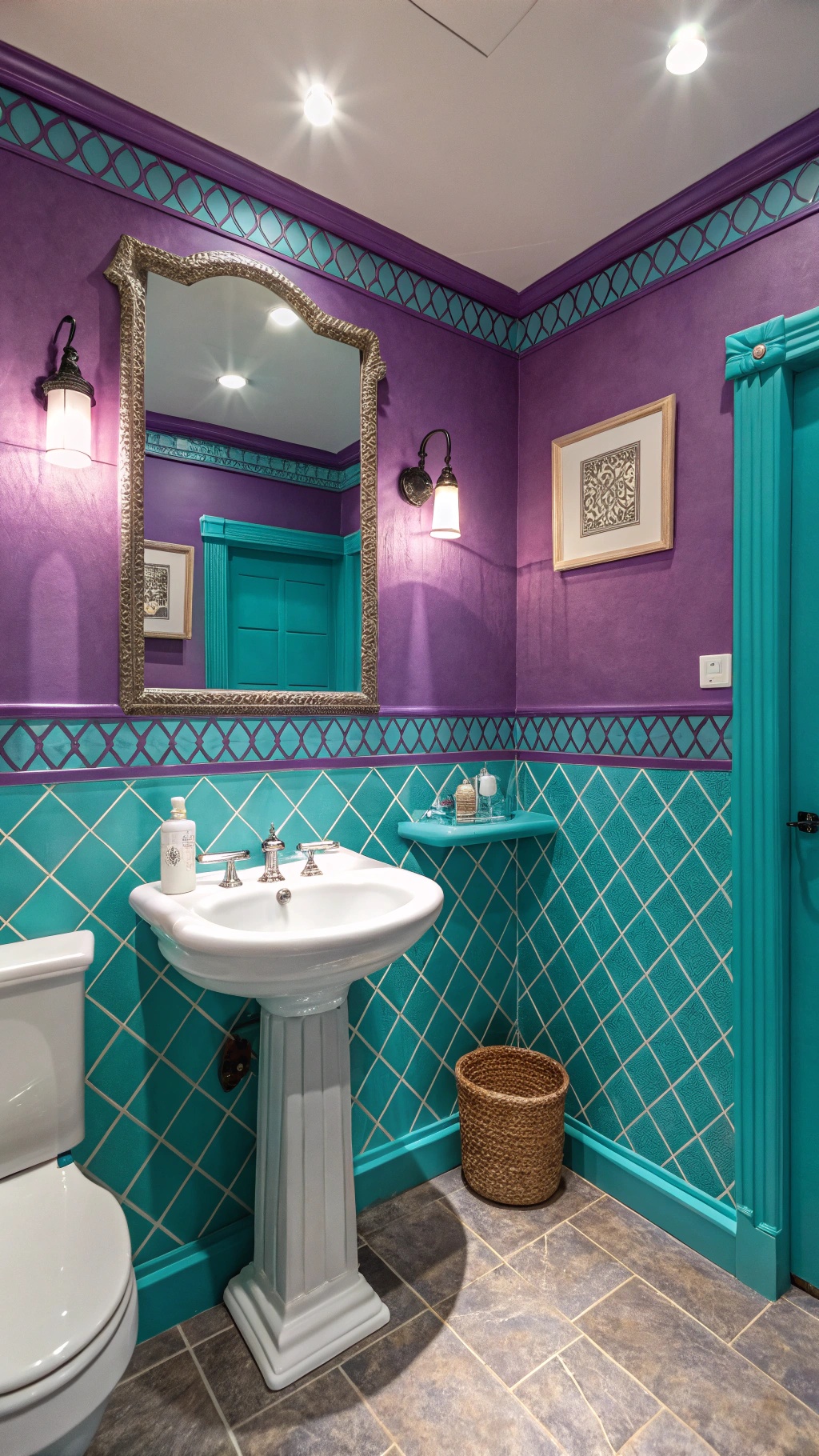 A vibrant bathroom featuring purple walls and turquoise accents, showcasing a stylish sink and decor.