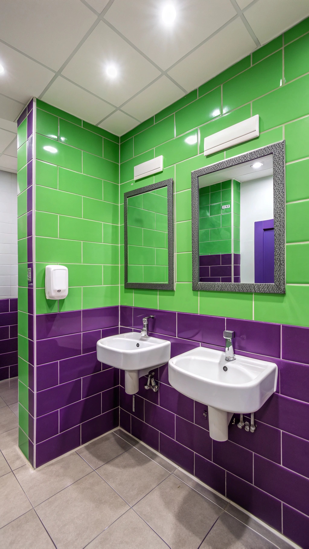 A bathroom featuring green and purple color blocking with two sinks and mirrors.
