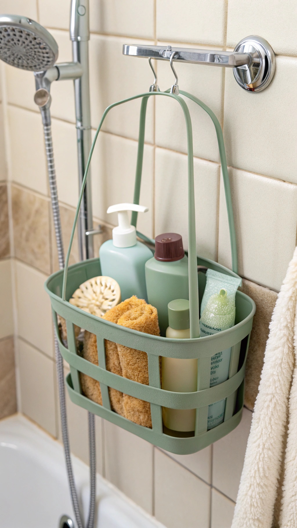 Sage green shower caddy with various bath products