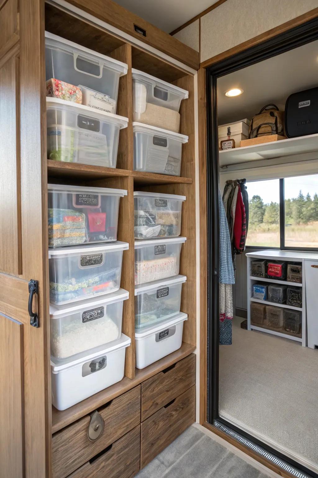Clear storage containers for easy visibility in RV closets.