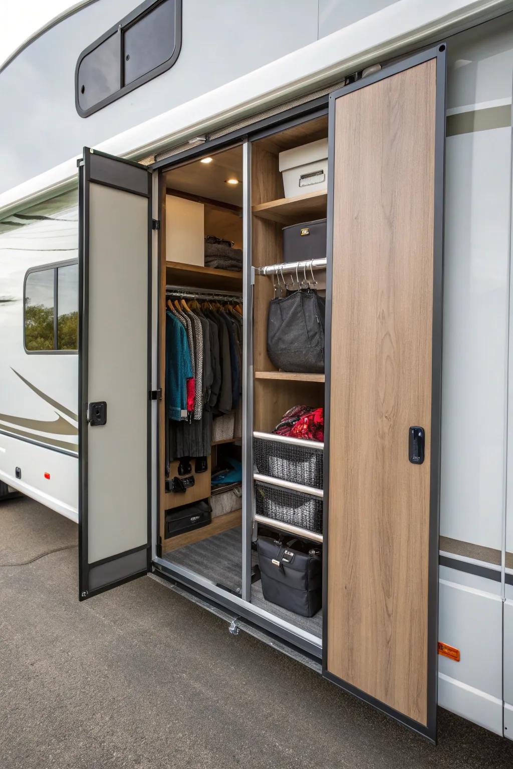 Sliding door panels for hidden storage in RV closets.