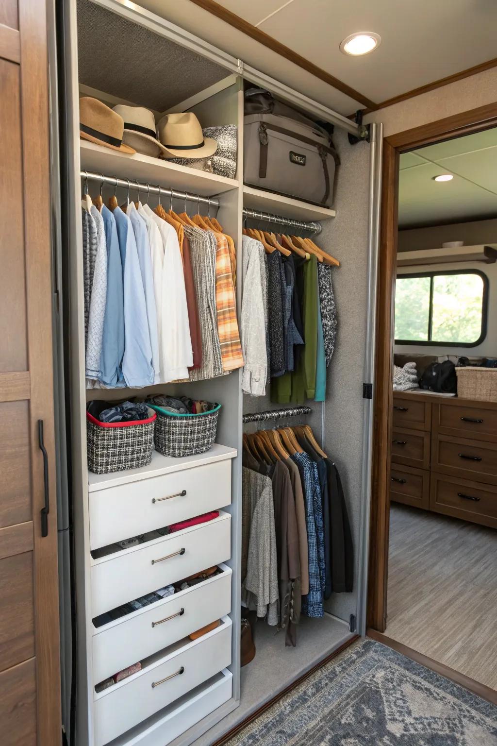 Hanging organizers for clothes and accessories in RV closets.