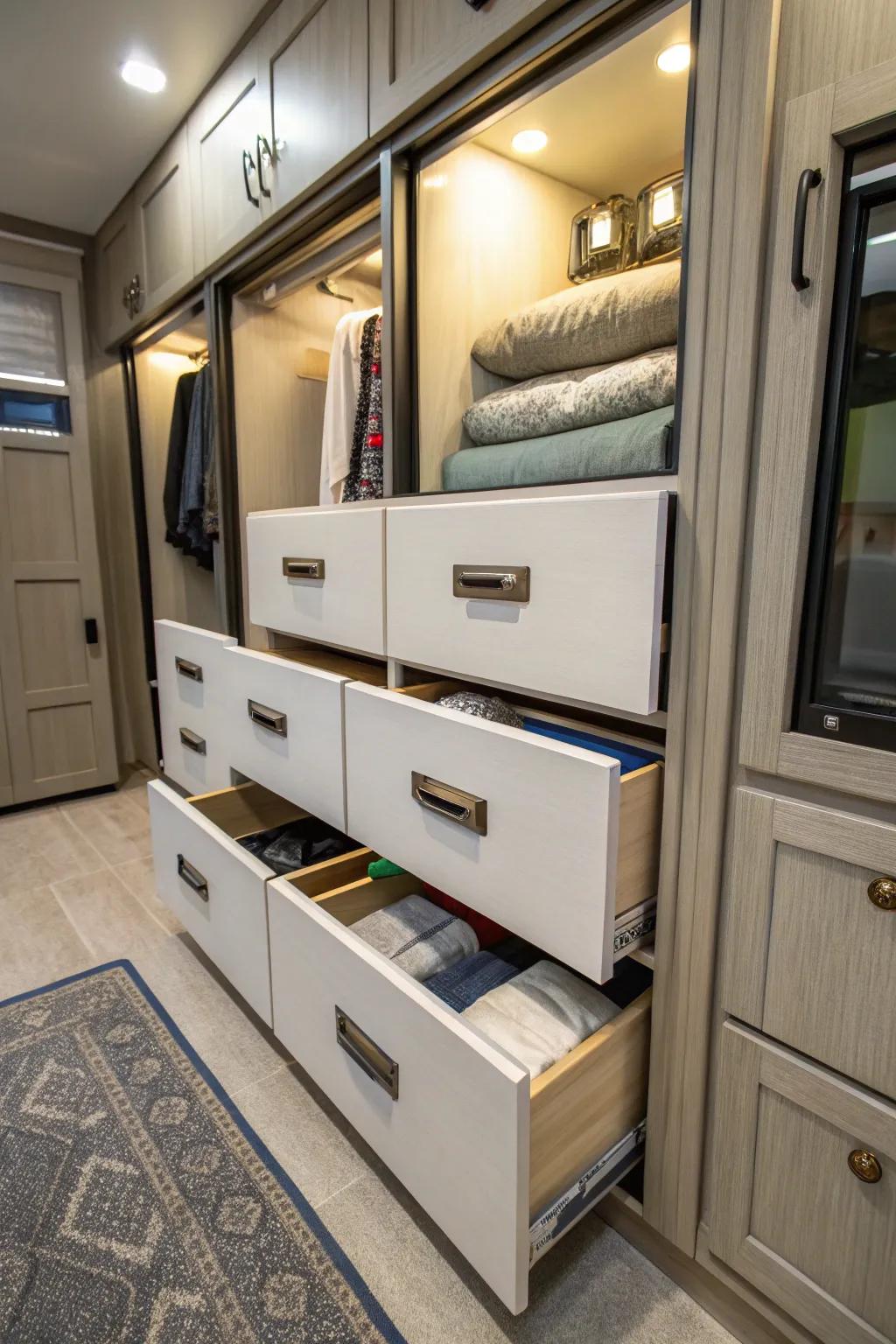 Pull-out drawers for easy access in RV closets.