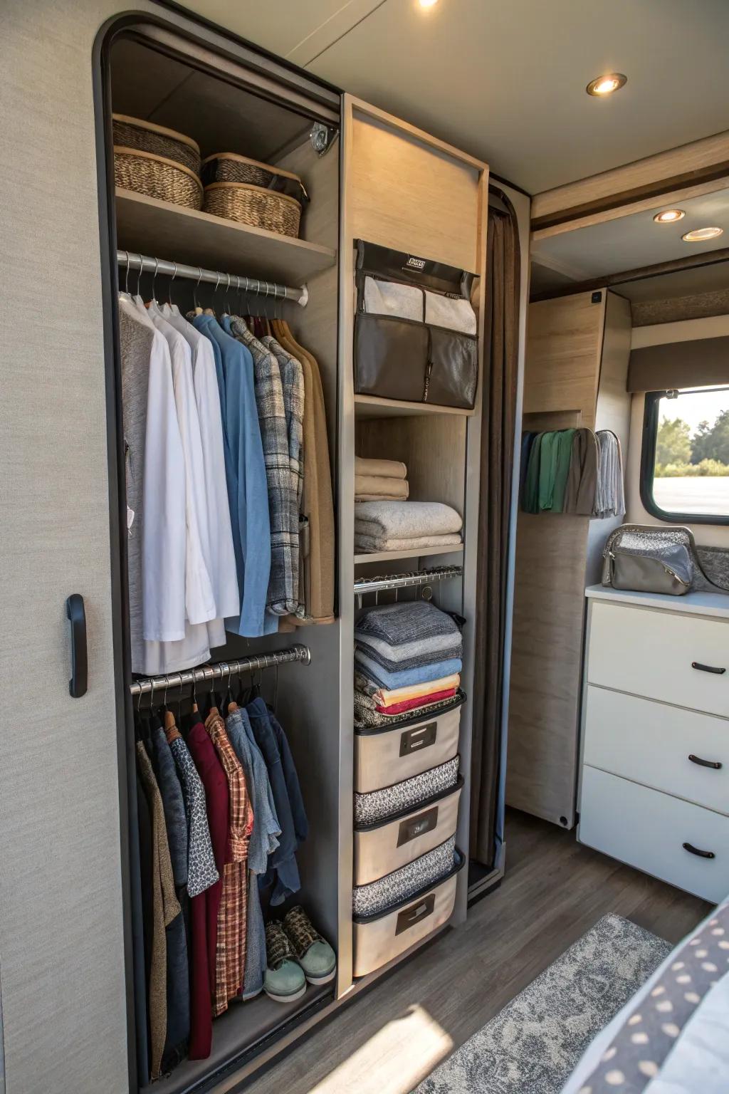 Foldable organizers for adaptable RV closet storage.