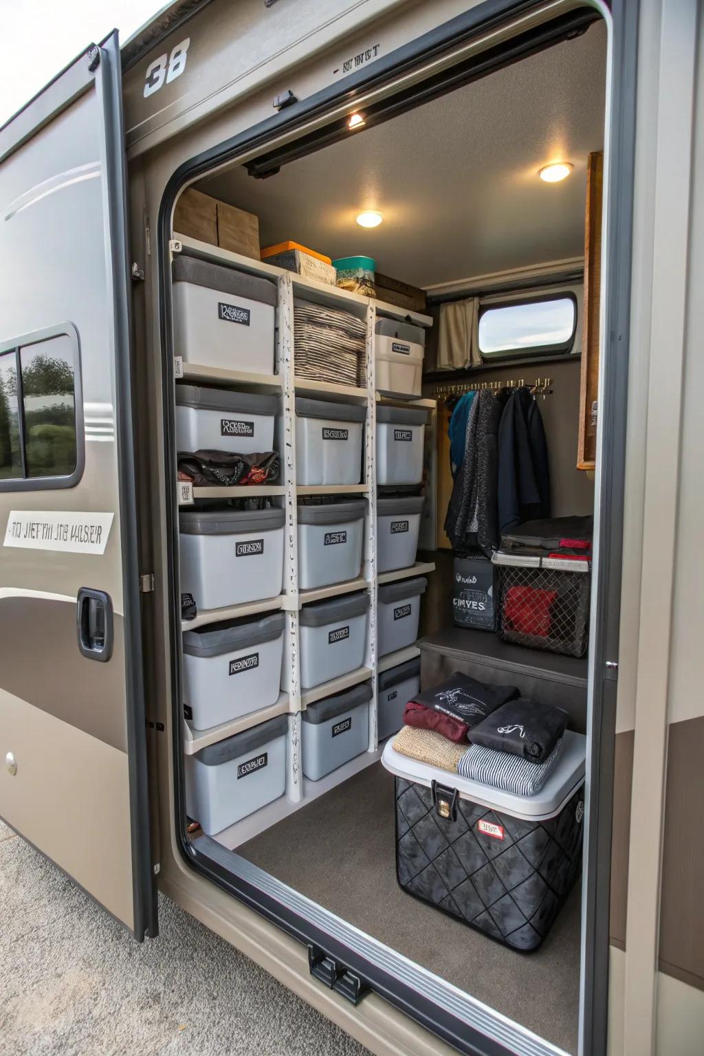 Slide-out bins for accessible deep storage in RV closets.