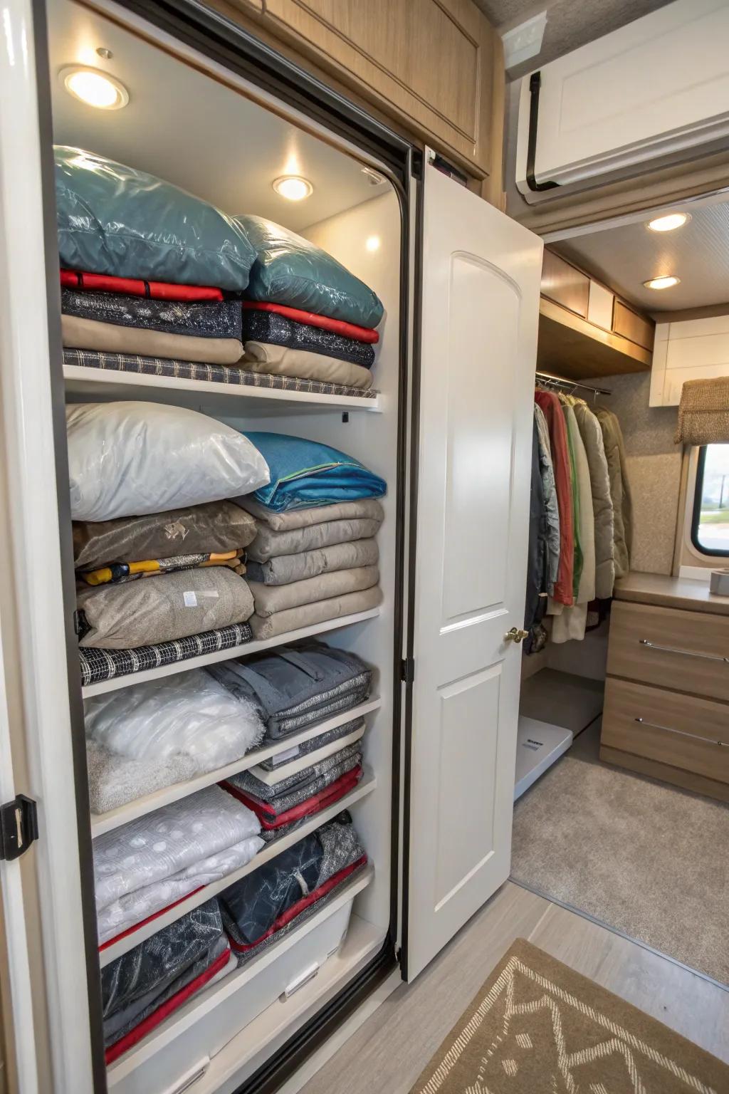 Vacuum storage bags compress seasonal clothes in RV closets.