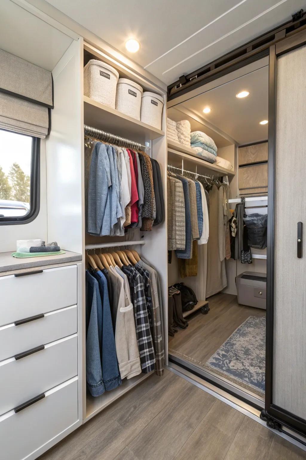 Rotating closet rods for easy access in RV closets.