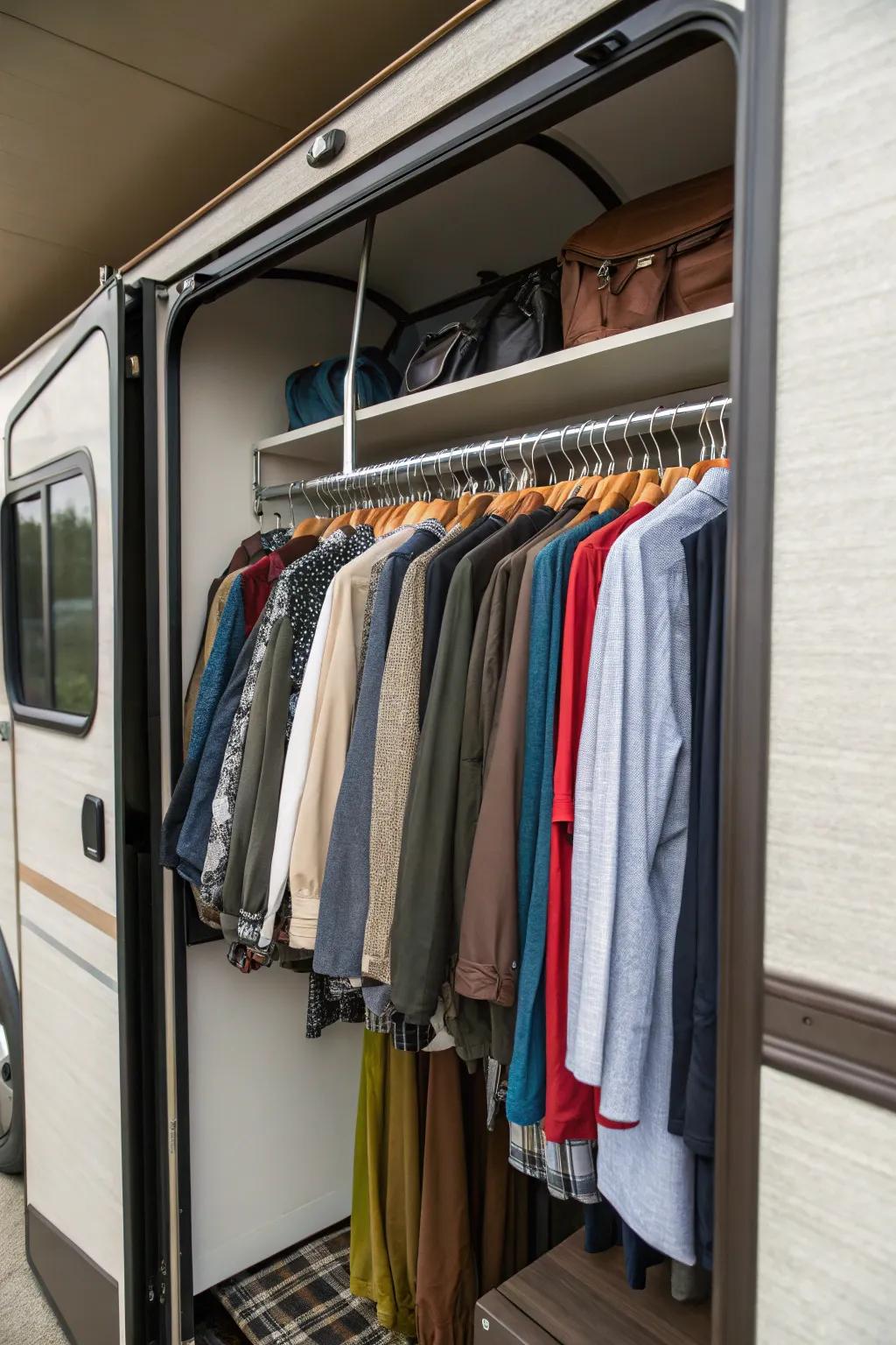 Layered hangers to maximize vertical closet space in RVs.