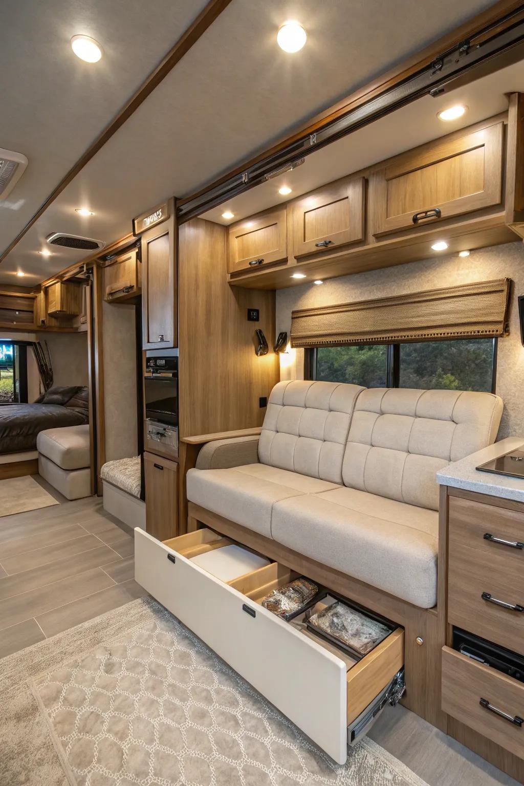 Convertible furniture offering storage and seating in RVs.