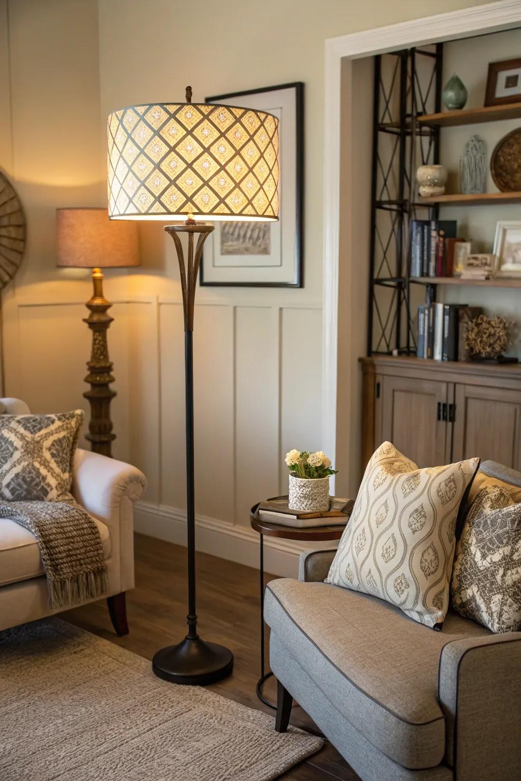 Floor lamp providing warm, adjustable lighting.