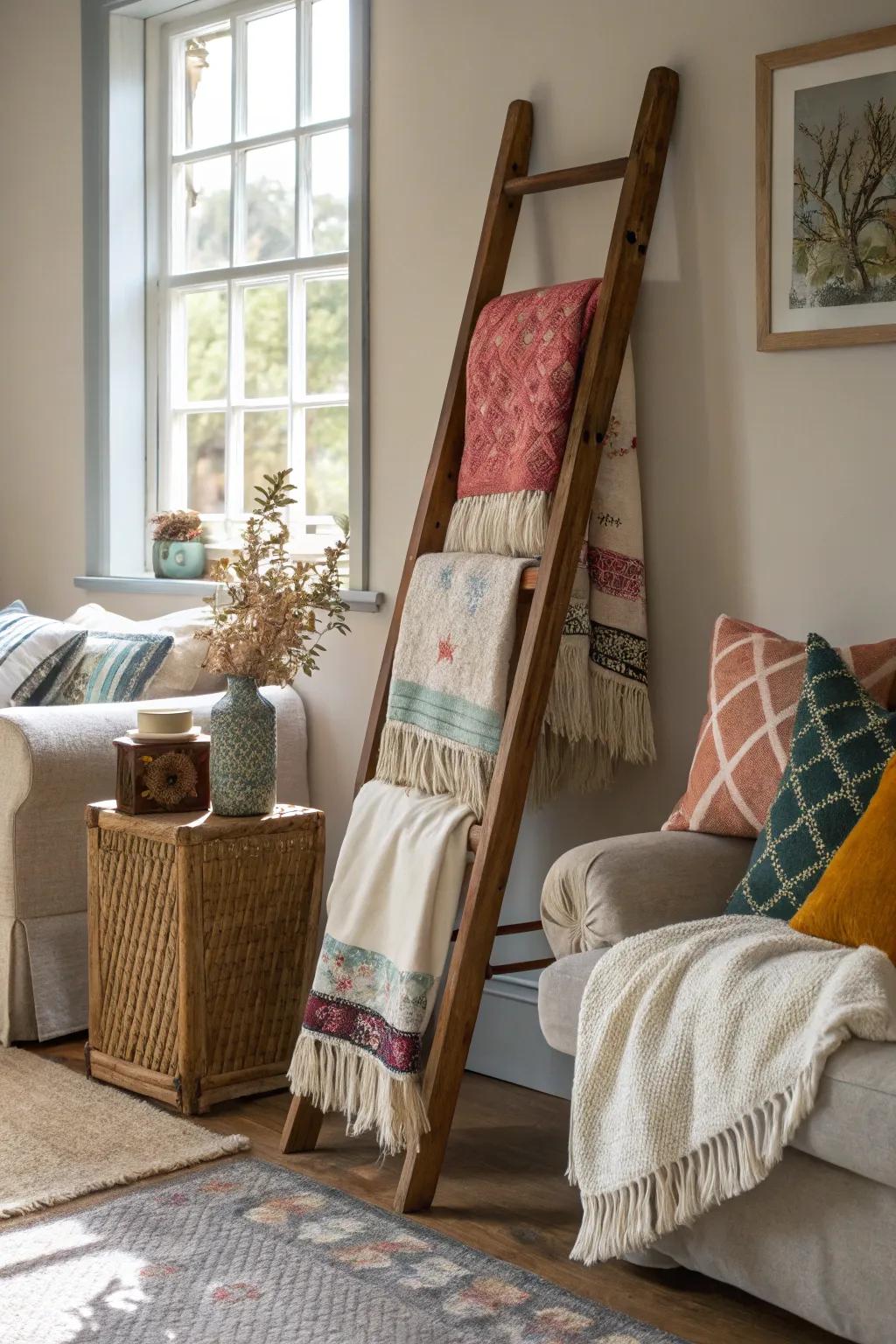 Decorative ladder adding height and texture.