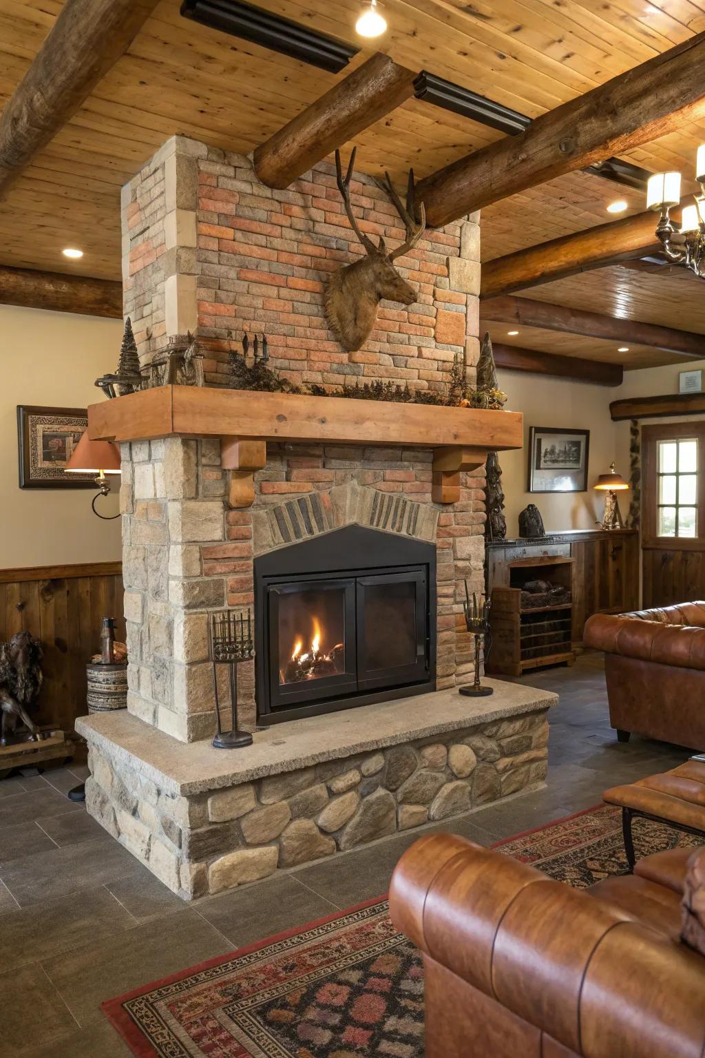 Cozy man cave featuring a freestanding fireplace.